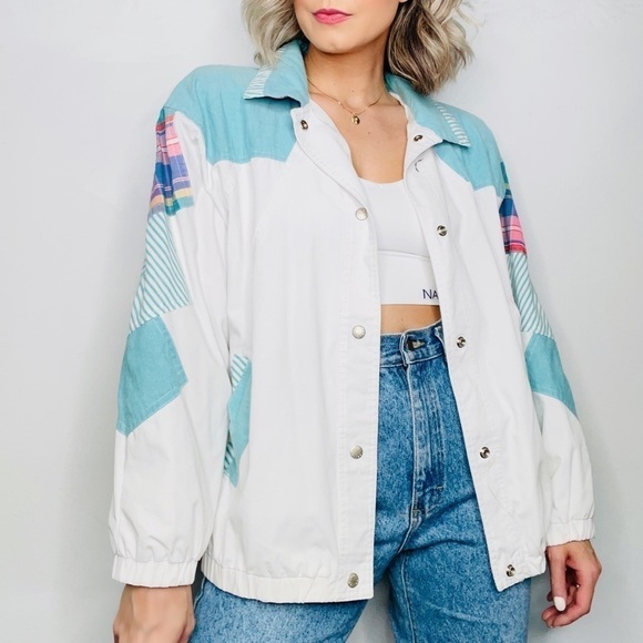 VINTAGE | 80s Patchwork Pastel Lightweight Snap Up Bomber Jacket - Picture 1 of 7